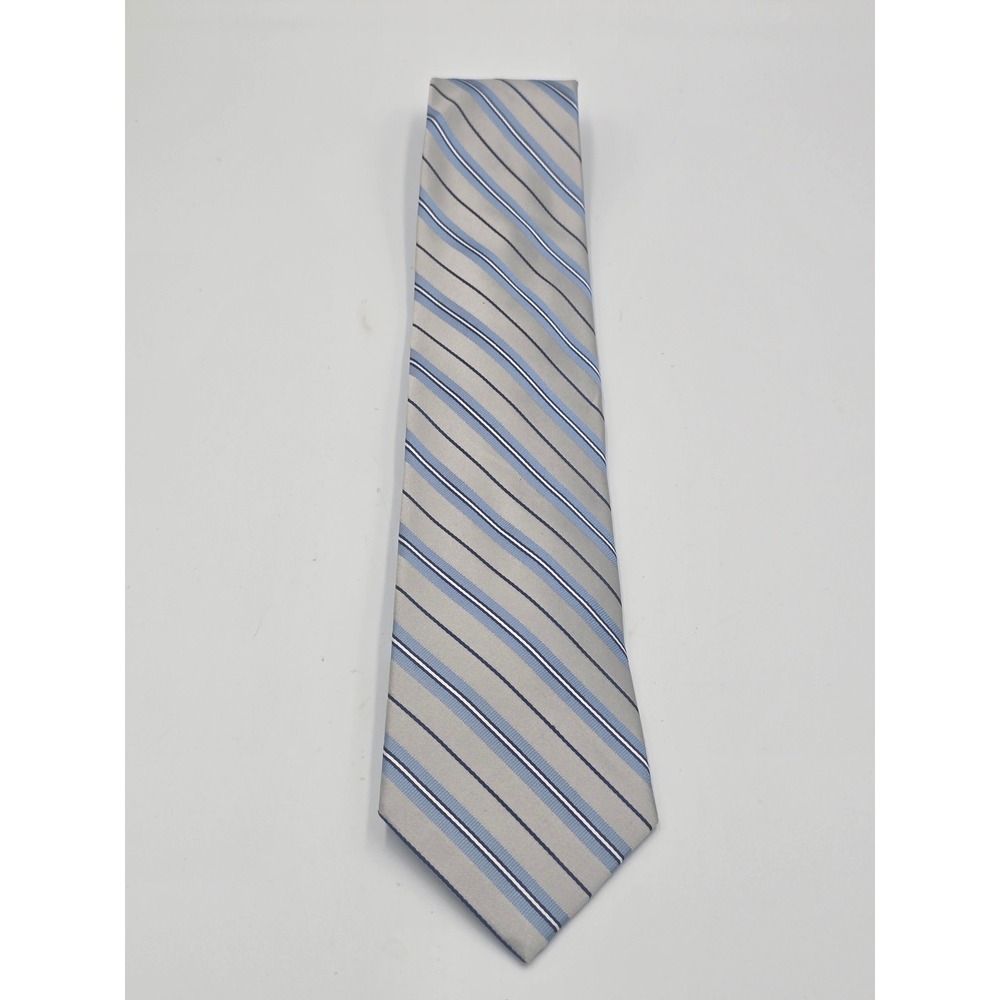 Haspel Mens Silk Necktie Silver Blue Navy White Diagonal Striped Classic Formal